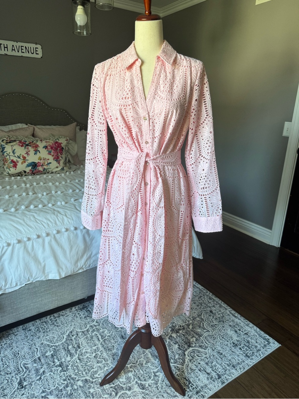 Lilly Pulitzer Light Pink Eyelet Midi Shirt Dress with Tie Waist